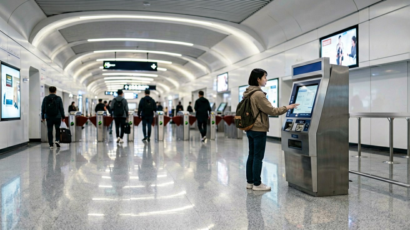 [比例:16:9] Brightly lit modern metro station concourse with a traveler standing at a bilingual ticket vending machine touching the English-language touchscreen, other passengers passing through security gates in the background, Chinese-English directional signs visible on walls and overhead, polished light-grey floors reflecting the ceiling lights