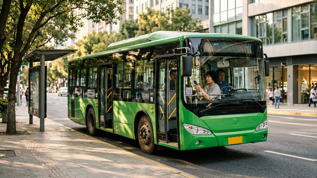 [比例:16:9] Modern electric city bus stopped at a curbside bus stop in a Chinese city, front doors open, a passenger holding a smartphone to the QR scanner beside the driver, the bus painted in transit green, street trees and glass shopfronts bathed in soft afternoon light forming the backdrop