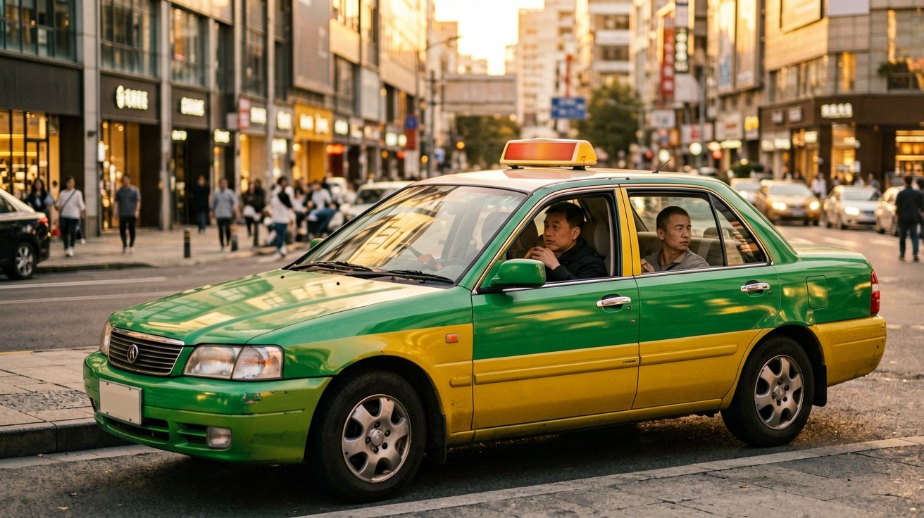 [比例:16:9] Green-and-yellow taxi pulled over at the curb of a busy Chinese commercial street, the driver looking toward the window, a traveler leaning slightly forward holding a smartphone displaying the destination name in large Chinese characters, golden afternoon sunlight reflecting off the taxi's roof sign and windscreen