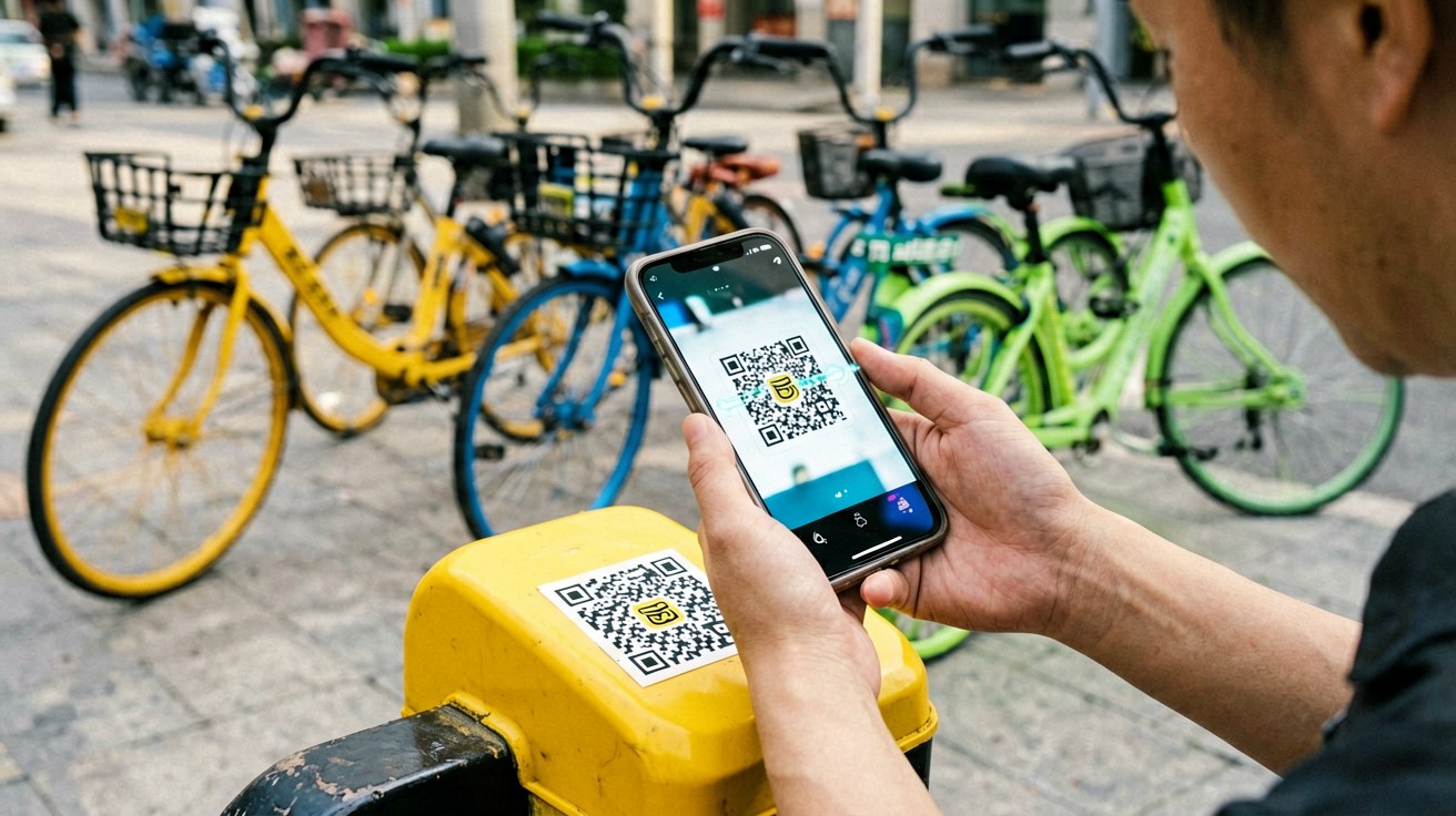 [比例:16:9] Traveler standing on a busy city street corner in China holding a smartphone with a map app open at arm's length, Chinese street signs and a metro entrance visible in the background, the phone screen showing a clear blue route line and English street names, late-afternoon city light creating long shadows on the pavement