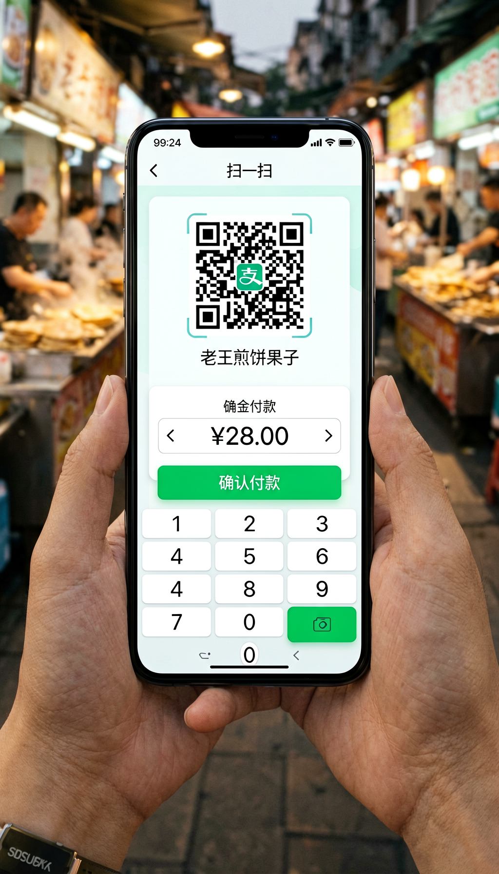 Alipay scan-to-pay interface showing the merchant name, amount input field, and numeric keypad for entering a payment amount
