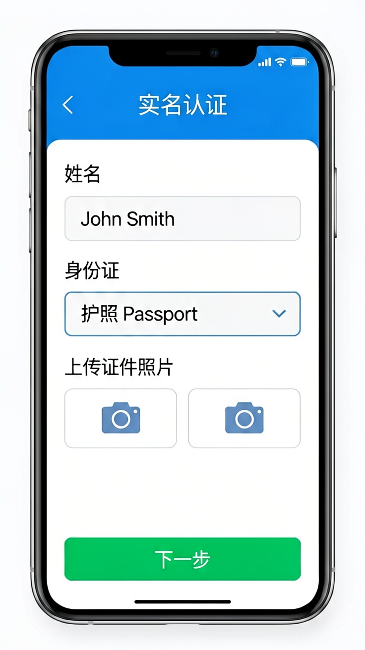A phone screen showing the Alipay identity verification page with the passport option selected