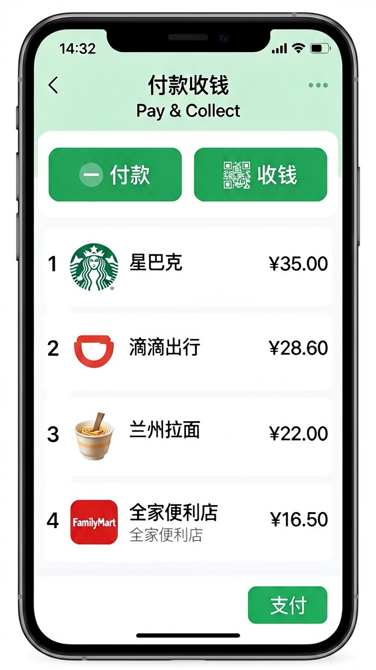 WeChat interface showing the Services section with WeChat Pay icon and balance display