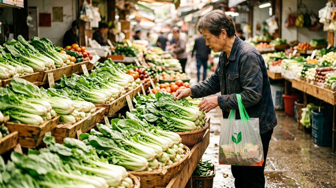 中国菜市场内，一名购物者提着环保购物袋在挑选新鲜蔬菜，蔬菜摊位上摆满了各类青菜，自然光线，生活气息浓郁