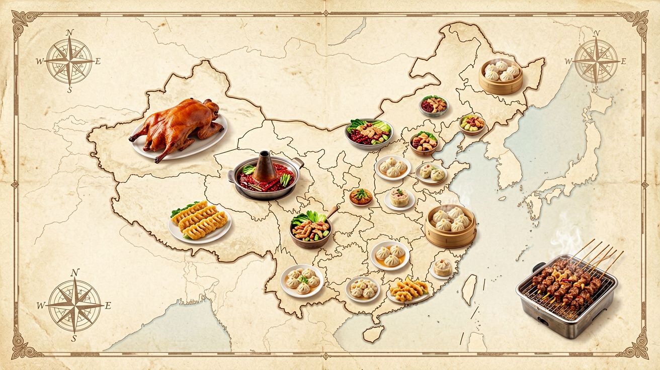 [比例:16:9] High-end travel magazine infographic showing a detailed China map on cream parchment background with clear provincial boundaries, multiple realistic food illustrations scattered across regions: golden crispy Peking duck being carved near Beijing, bubbling red chili hot pot in Sichuan, delicate dim sum in bamboo steamer in Guangdong, soup dumplings xiaolongbao near Shanghai, golden dumplings in Shandong, lamb skewers on a grill in Xinjiang, decorative border and compass rose, like a National Geographic food travel magazine feature page, no text labels, visually rich and appetizing