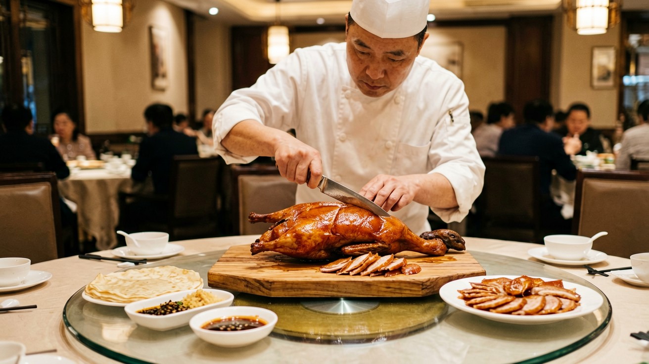 [比例:16:9] Chef in white uniform carving a whole roasted Peking duck at a restaurant table in Beijing, the glossy mahogany-colored duck on a wooden board, thin slices being arranged on a plate, pancakes and condiments visible on the lazy Susan in the foreground, warm restaurant lighting