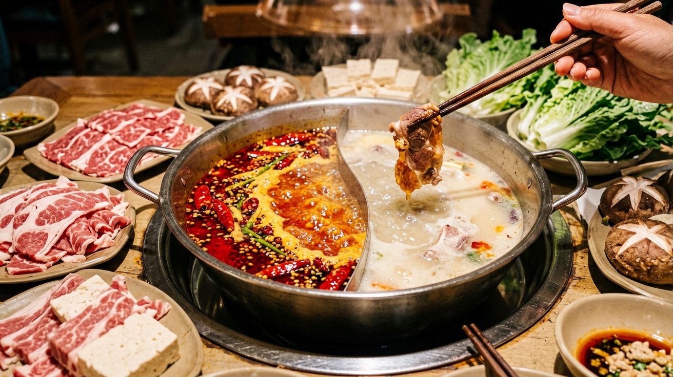 [比例:16:9] Close-up of a bubbling Sichuan hot pot with a divided pot showing bright red chili oil broth on one side and pale milky bone broth on the other, raw ingredients arranged on plates around the pot including thinly sliced beef, tofu, mushrooms, and leafy vegetables, chopsticks reaching in to cook a piece of meat in the spicy side