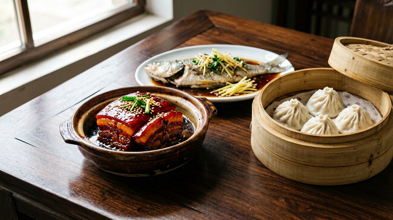 [比例:16:9] Elegant presentation of Jiangnan-style dishes on a polished dark wood table: Dongpo pork in a small ceramic pot with glossy red-brown glaze, West Lake vinegar fish on an oval plate garnished with ginger, and a bamboo steamer of xiaolongbao, soft natural window light creating gentle shadows