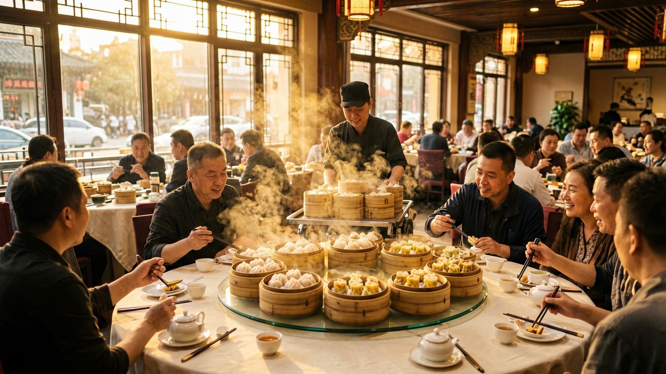 [比例:16:9] Busy traditional dim sum restaurant in Guangzhou with round tables full of steaming bamboo baskets being pushed on carts by servers, golden afternoon light streaming through large windows, customers reaching for har gow and siu mai with chopsticks, tea pots on every table, lively conversation filling the room