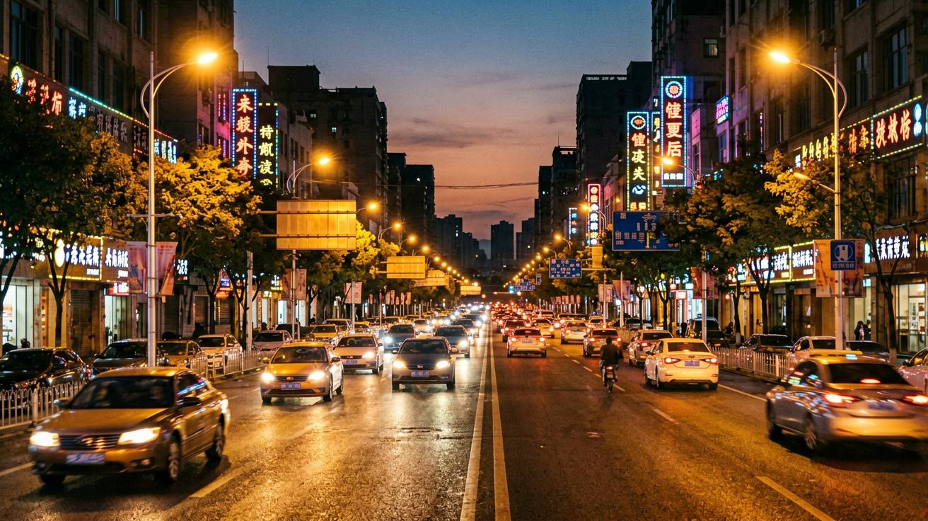 [比例:16:9] 中国城市傍晚街景，路边一位旅行者正举起手机查看滴滴出行App界面，屏幕显示车辆到达信息，街道上车流川流不息，路灯和商铺霓虹灯已亮起
