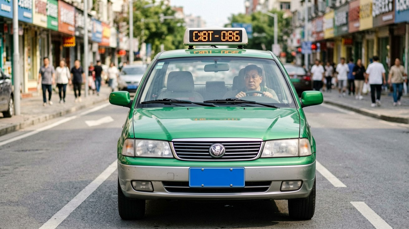 [比例:16:9] 中国城市街道旁停着一辆绿色出租车，透过前挡风玻璃可见司机坐在驾驶位，车顶灯亮着空车标志，街道两旁有商铺和来往行人，白天自然光