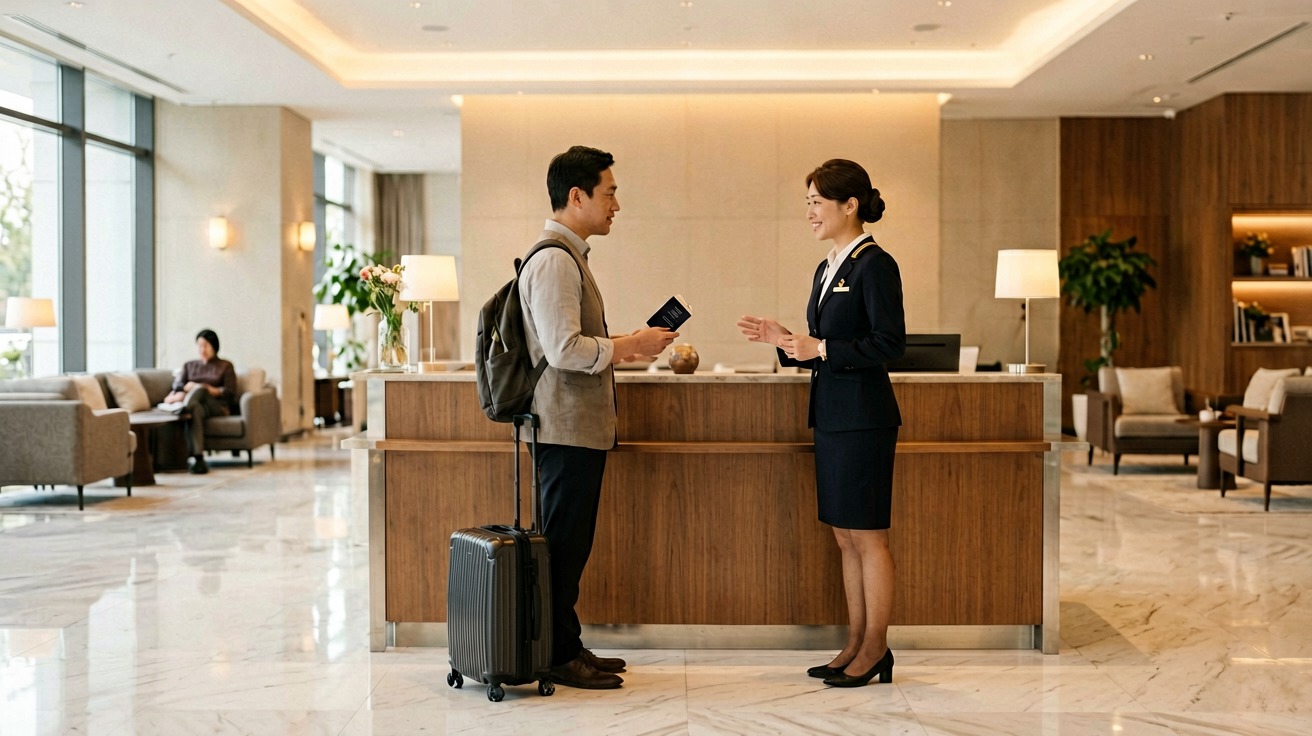[比例:16:9] Modern hotel lobby reception desk scene with a traveler holding a passport engaged in conversation with a uniformed hotel receptionist, luggage at the traveler's side, bright clean lobby with polished floors and comfortable seating area in soft warm lighting