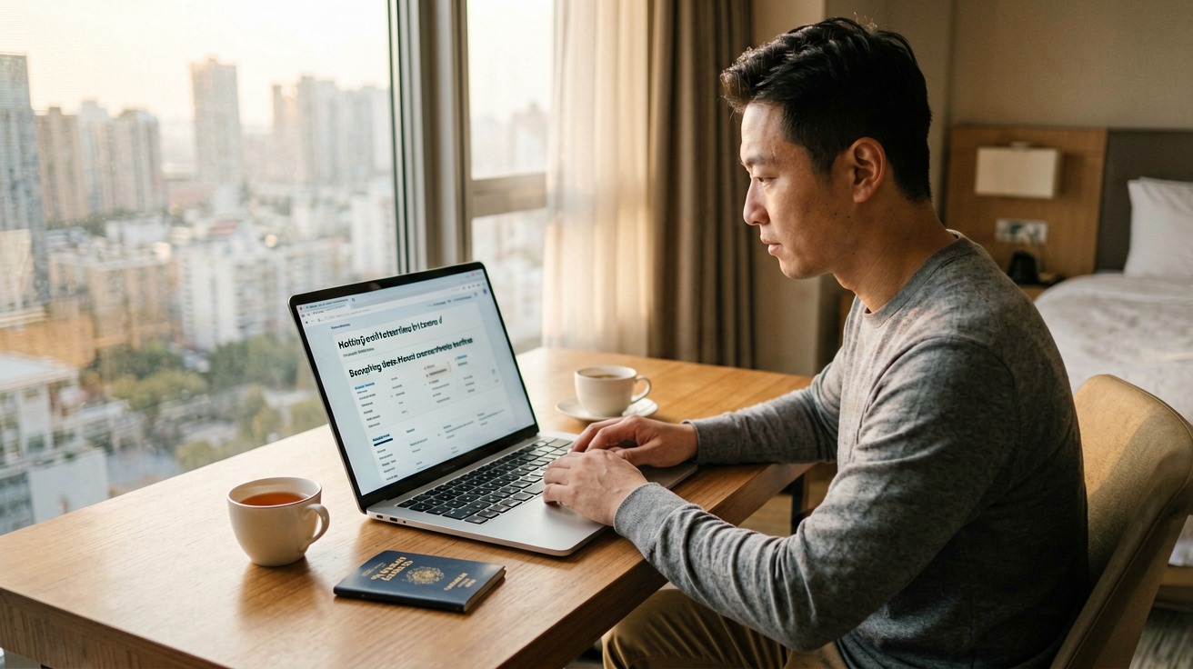 [比例:16:9] Traveler sitting at a desk in a hotel room with a laptop open showing a hotel booking website in English, a passport and a cup of tea on the wooden desk, soft natural light coming through the window with a glimpse of a city skyline outside