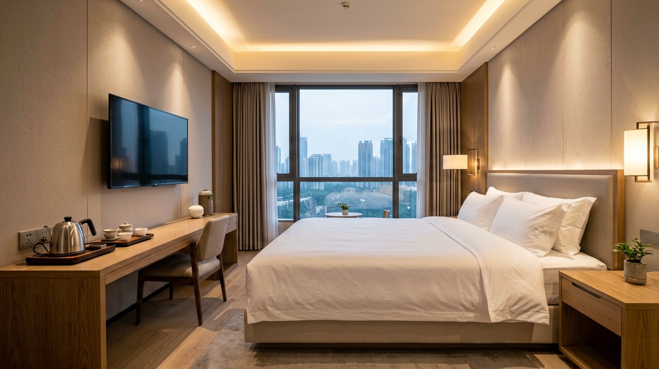 [比例:16:9] Interior of a clean mid-range Chinese hotel room with a large comfortable bed, a desk with a kettle and tea set, a flat-screen TV on the wall, modern minimalist decor, city view through a large window, soft warm lighting creating an inviting atmosphere