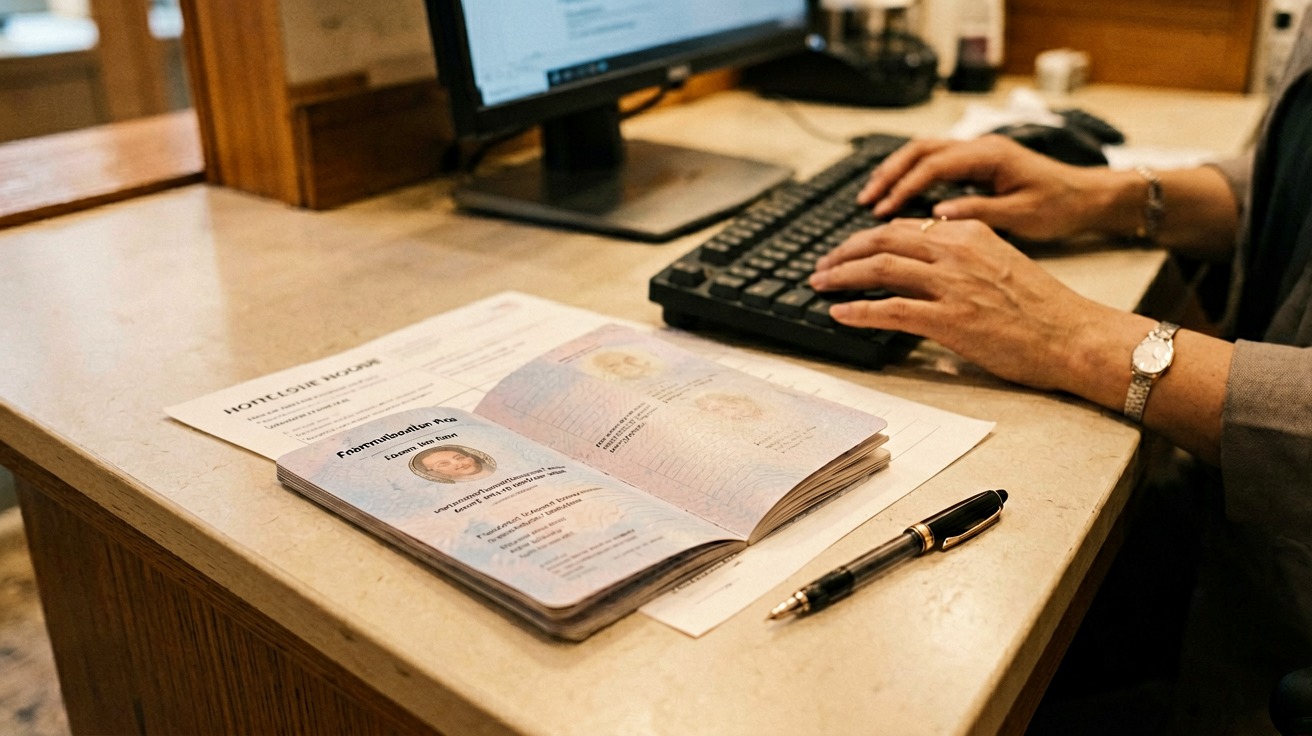 [比例:16:9] Close-up view of a hotel reception counter with a passport open to the information page placed on the desk, a hotel registration form and a pen beside it, the receptionist's hands visible typing on a computer keyboard, clean professional setting with warm ambient lighting