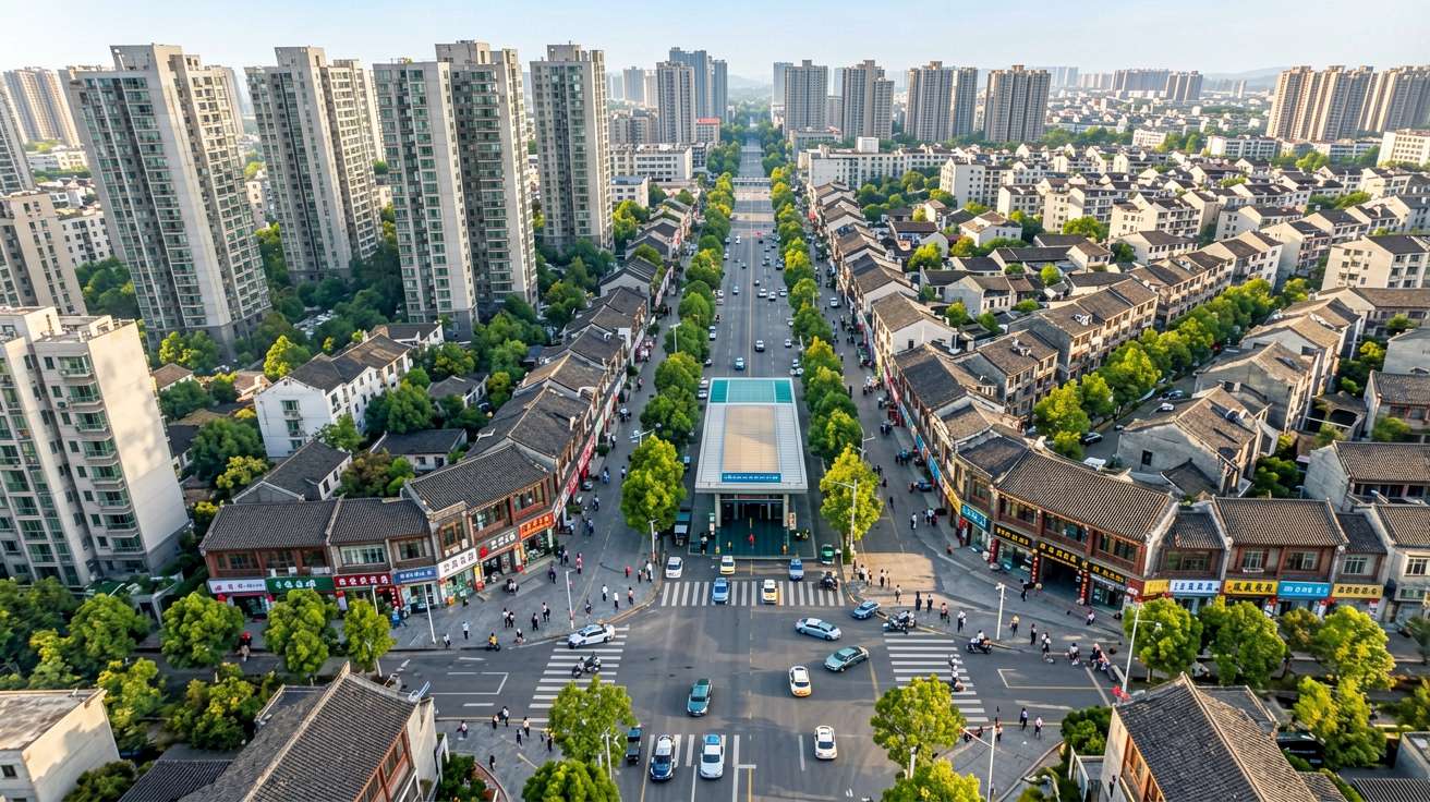 [比例:16:9] Aerial view of a vibrant Chinese city district with a mix of modern apartment towers and traditional low-rise buildings, a metro station entrance visible at a busy intersection, tree-lined streets with shops and restaurants, capturing the walkable urban neighbourhood feel under clear morning light