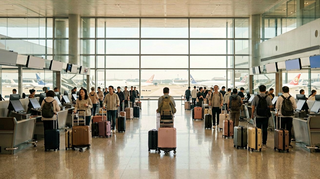 [比例:16:9] Inside a modern airport terminal, a long row of airline check-in counters with passengers queuing with luggage trolleys and suitcases, large floor-to-ceiling glass curtain wall reveals airplanes parked on the tarmac outside, bright natural daylight