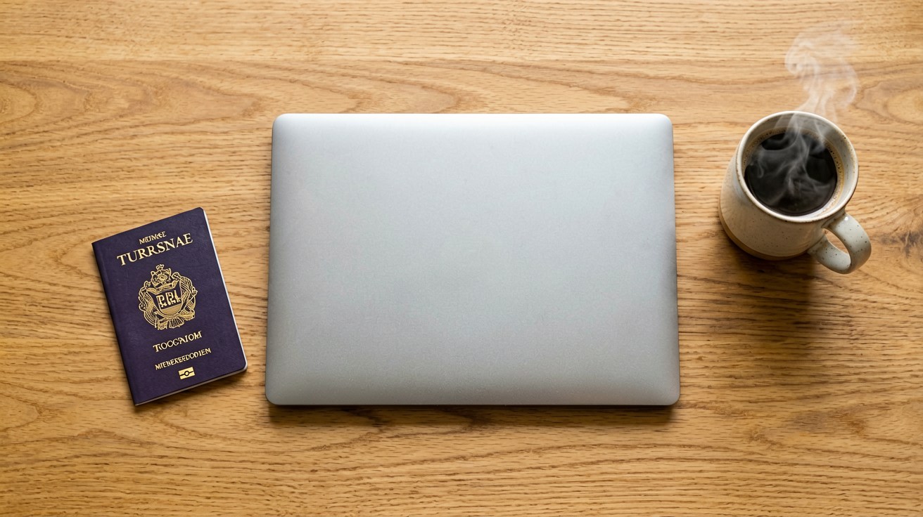 [比例:16:9] A traveler at a home office desk comparing multiple VPN service logos on a laptop screen, passport and travel itinerary visible on the desk beside a steaming coffee mug, warm morning light from the window