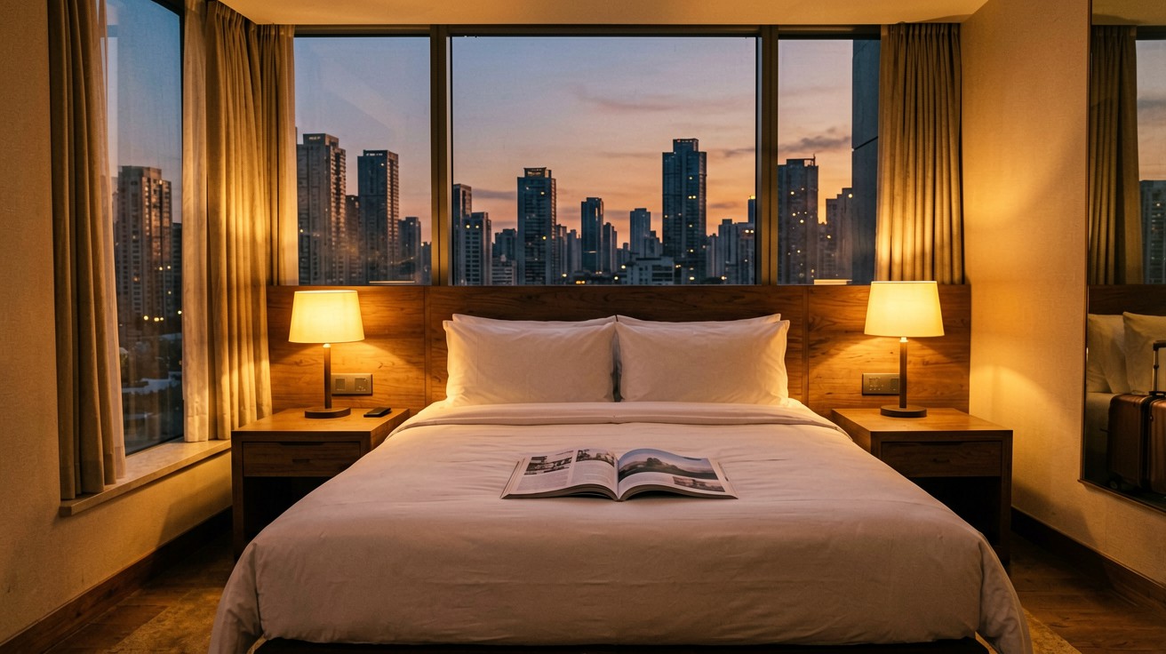 [比例:16:9] A cozy hotel room with a neatly made bed, a wooden bedside table with a warm lamp and an open travel guidebook, floor-to-ceiling window reveals a city skyline with tall buildings at dusk, no people