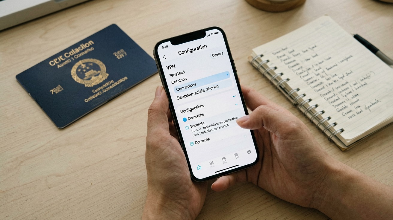 [比例:16:9] A close-up overhead shot of a smartphone screen displaying a VPN app settings page with the obfuscation toggle highlighted in blue, a hand reaching toward the screen to tap the toggle, the device lying on a wooden table surface