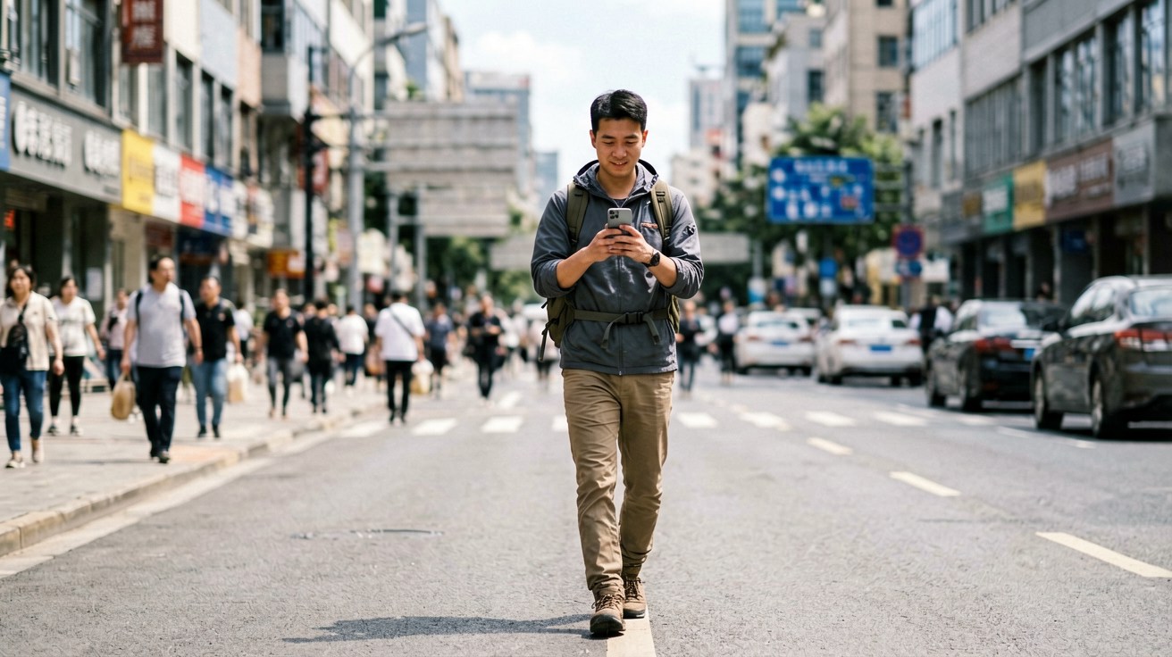 [比例:16:9] A traveler standing on a busy Chinese city street corner at dusk, holding a smartphone in one hand and looking at the screen with a subtle expression of relief, the glow of the phone lighting their face, neon shop signs and pedestrians visible in the softly blurred background